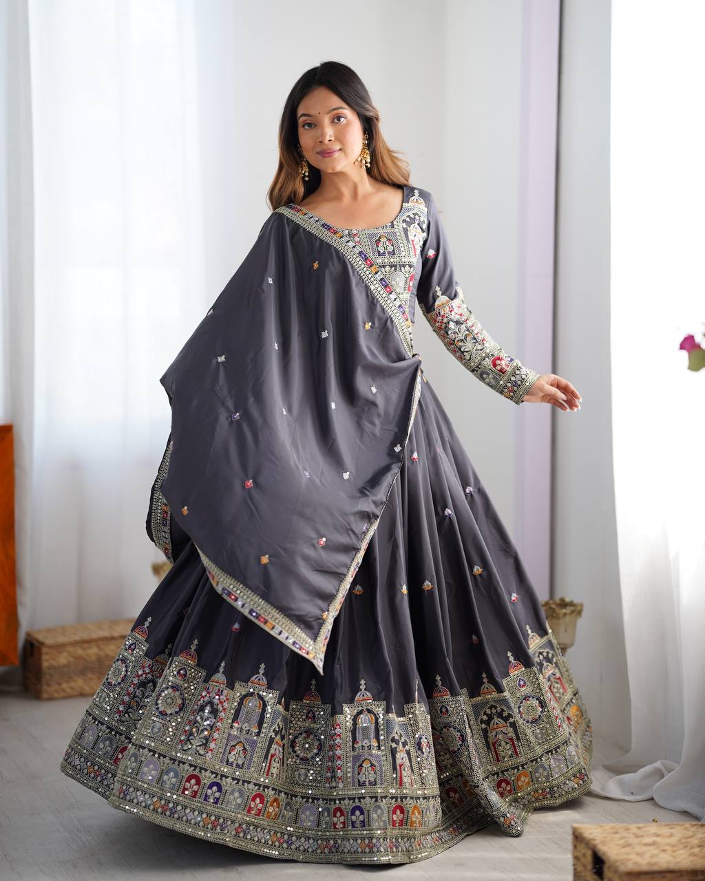 Majestic Midnight Black Designer Lehenga Choli Featuring Intricate Multicolored Architectural Embroidery and Mirror Work